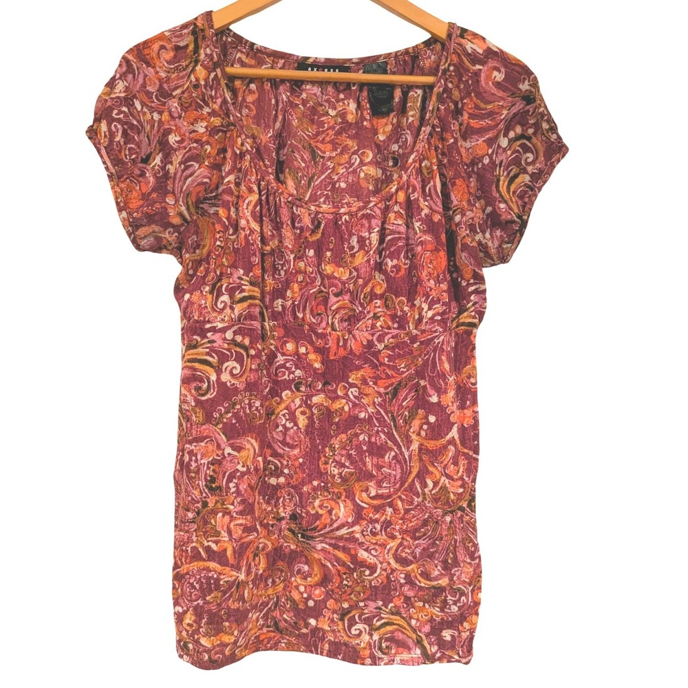 Axcess Paisley Short‎ Sleeve Top Large Burgundy Orange Boho Whimsigoth Peasant